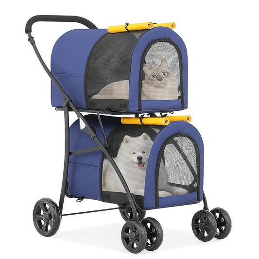 MoNiBloom Double Dog Stroller with Detachable Carrier Bags Large 4 Wheels Foldable Jogger for Small and Medium Dog Cats, Navy Blue/Yellow