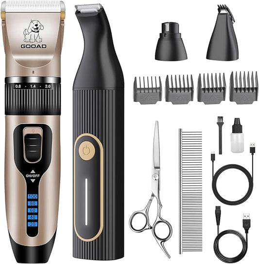 Dog Clippers Grooming Kit Hair Clipper -4 in 1Low Noise -Rechargeable-Cordless Quiet Paw Trimmer Nail Grinder, Trimmer Grooming for Thick Hair&Coats,Pet Shaver for Small and Large Dogs Cats