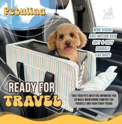 Dog Car Seats for Small Dogs with Toy Including, Console Dog Car Seat, Puppy Car Seat, Center Console Dog Car Seat Washable, Car Armrest Included Safety Tethers and Dog Toy by PETULINA (Blue)