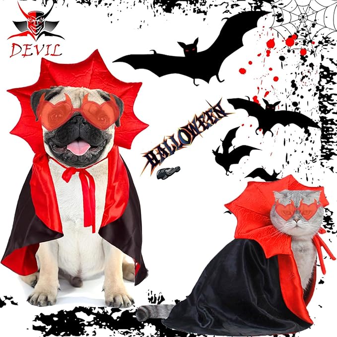 Dog Vampire Cloak Costume Halloween Pet Cloak Cat Cape Devil Horns Sunglasses 2PCS Novelty Halloween Costumes Demon Outfits for Small Medium Dog Cat Witch Cloak Clothes Funny Wizard Mantle Apparel