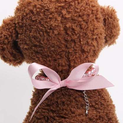 Dog Cat Pearls Necklace Collar with Bling Accessories and Ribbon Bow Pet Puppy Jewelry for Female Dogs Cats Small Medium (S
