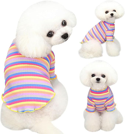 Small Medium Dog Clothes Rainbow Striped Dog Shirts Stretchable Long Sleeve Cat T-Shirt Pet Outfits for Chihuahua Yorkie Teddy (Yellow Edge, X-Large)