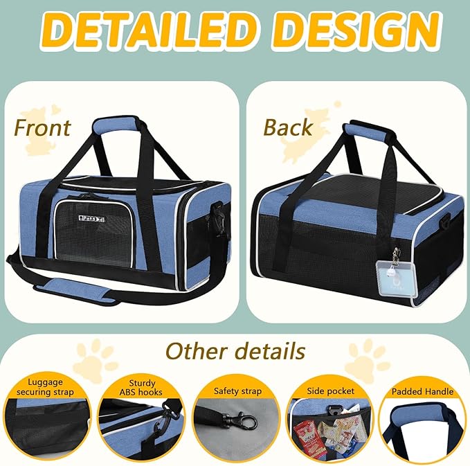 Petskd Pet Carrier 17x13x9.5 Southwest Airline Approved, Pet Travel Carrier Bag for Small Cats and Dogs, Soft Dog Carrier for 1-15 LBS Pets,Dog Cat Carrier with Safety Lock Zipper (Blue)