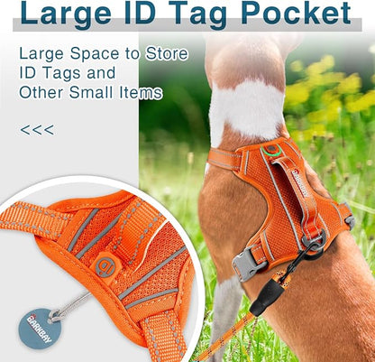 BARKBAY Dog Harness No Pull with ID Tag Pocket - Heavy Duty, Reflective, Easy Control for Large Dogs (Orange,S)