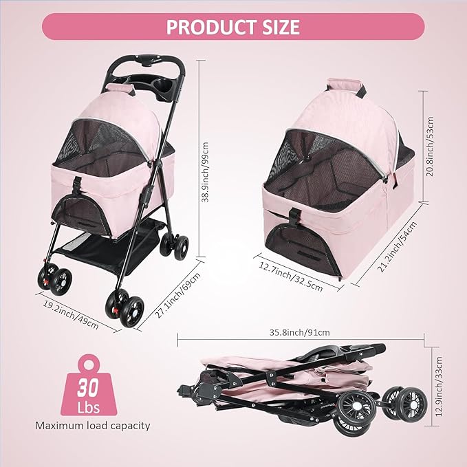 Medium Pet Stroller for Dogs Up to 30lbs 4 Wheels