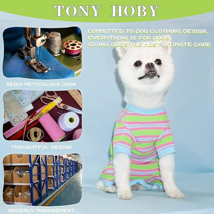 TONY HOBY Dog Pajamas, 4 Legged Dog Pajamas with Blue Stripe, Female Dog Jumpsuit Pajamas for Small Medium Size Dog (Green&Blue, Girl, XL)