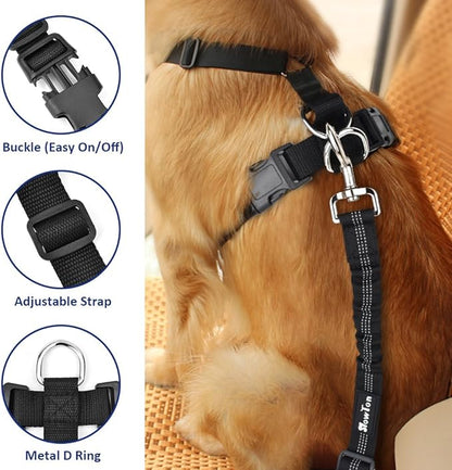 SlowTon Dog Seat Belt Harness for Car, Dog Car Harness Adjustable Mesh Breathable & Dog Seatbelt Safety Tether with Elastic Bungee for Small Medium Large Pets