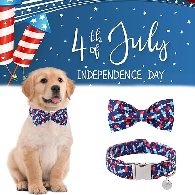 American Flag Dog Collar with Bow Tie 4th of 8-12in