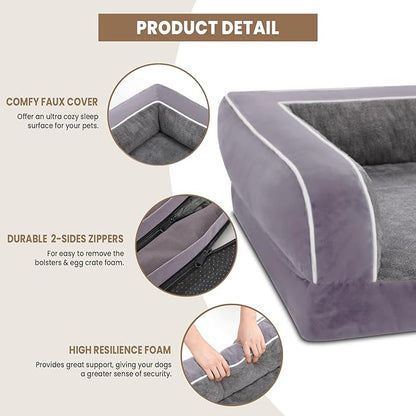 XL Dog Bed, Purple Dog Beds for Extra Large Dogs, Washable Dog Bed with Removale Bolsters, High Bolster Dog Bed with Nonslip Bottom, Extra Large Dog Bed up to 100 lbs