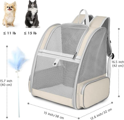 Cat Backpack Carrier, Large Pet Backpack with Cat Wand Feather Toy for Medium Small Dog Cat Puppy Kitten Bunny up to 15lbs, Ventilated Mesh Dog Travel Backpack for Hiking Walking Outdoor Use (Beige)