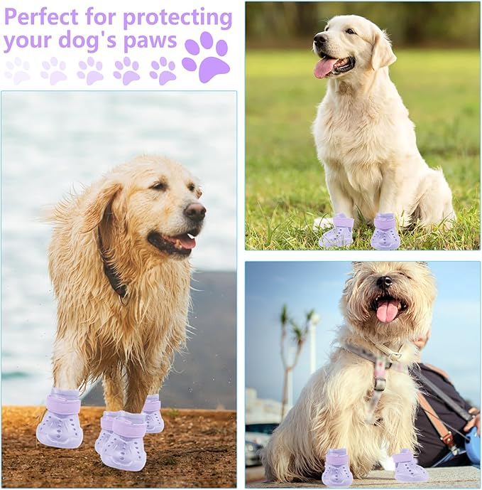 Dog Shoes, Dog Sandals for Hot Pavement Outdoor Dog Boots Non-Slip Waterproof Dog Booties for Summer 4Pcs Dog crocs with Rugged Sole Purple