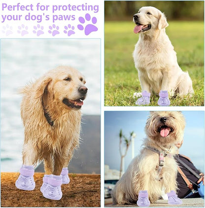 Dog Shoes, Dog Sandals for Hot Pavement Outdoor Dog Boots Non-Slip Waterproof Dog Booties for Summer 4Pcs Dog crocs with Rugged Sole Purple