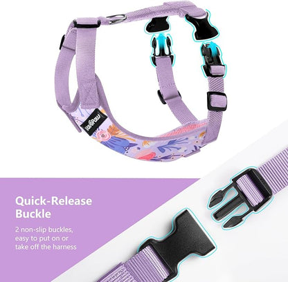 Dog Vehicle Safety Vest Harness, Adjustable Soft Padded Mesh Car Seat Belt Leash Harness with Travel Strap and Carabiner for Most Cars, XXL Size, Purple Flower