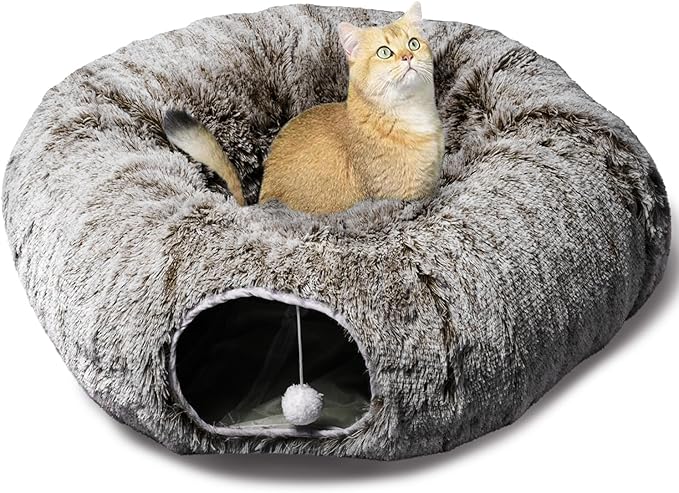 AUOON Cat Tunnel with Central Mat,Big Tube Playground Toys,Soft Plush Material,Full Moon Shape for Kitten,Cat,Puppy,Rabbit,Ferret (Brown)