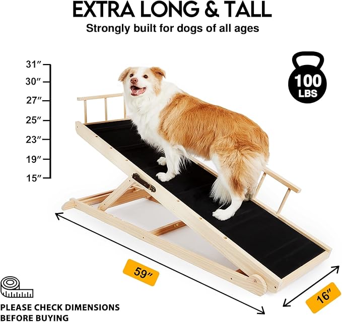 Woohoo Dog Ramp for Bed - Non-Slip Rubber Surface - Folding Wooden Pet Ramp for Dogs to Get on Bed - Dog Ramp for Large, Small, Old Dogs - Adjustable up to 30 inch High Beds, Safety Railings