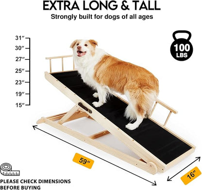 Woohoo Dog Ramp for Bed - Non-Slip Rubber Surface - Folding Wooden Pet Ramp for Dogs to Get on Bed - Dog Ramp for Large, Small, Old Dogs - Adjustable up to 30 inch High Beds, Safety Railings