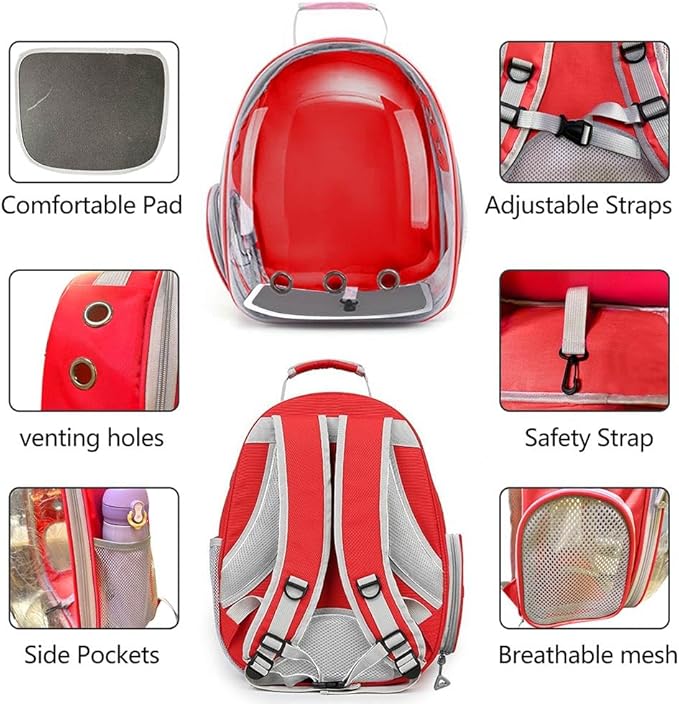 Pet Backpack Carrier with Harness Backpack with Bubble Clear Front for Cats, Small Dogs, Bunnies etc with Harness Included, Pet Carrier for Traveling, Walking, Hiking and Outdoor Activities (Red-1)