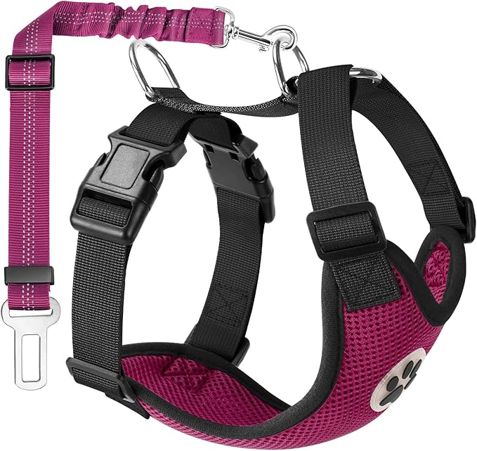 Lukovee Dog Seat Belt for Car, Adjustable Dog Car Harness for Large Medium Small Dogs, Soft Padded & Breathable Mesh Dog Seatbelt with Car Vehicle Connector Strap (Rose Red,Large)