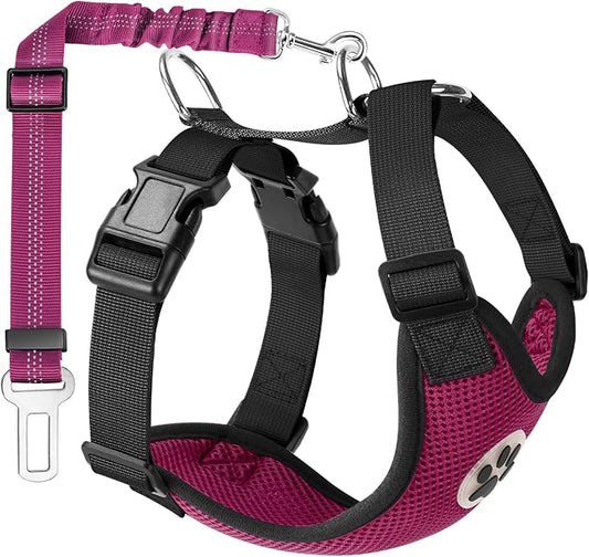 Lukovee Dog Seat Belt for Car, Adjustable Dog Car Harness for Large Medium Small Dogs, Soft Padded & Breathable Mesh Dog Seatbelt with Car Vehicle Connector Strap (Rose Red,Medium)