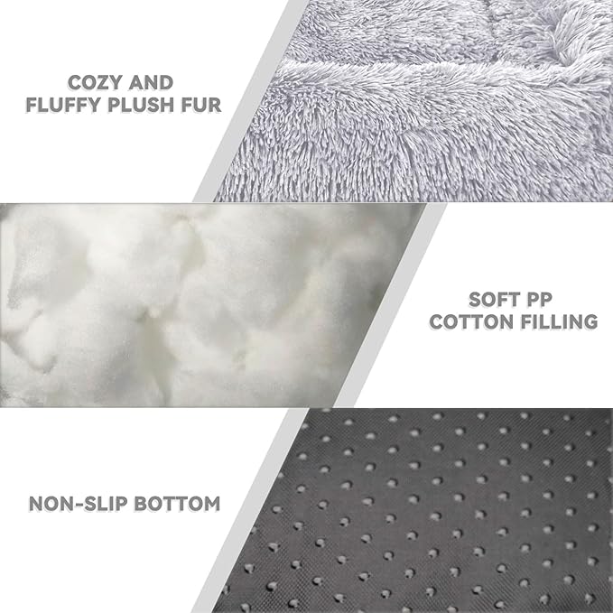 31 Inch Calming Dog Beds for Small Medium Large Dogs, Soft Faux Fur Fluffy Cuddler Cat Bed, Washable Rectangle Anti-Slip Plush Pet Bed, Light Grey