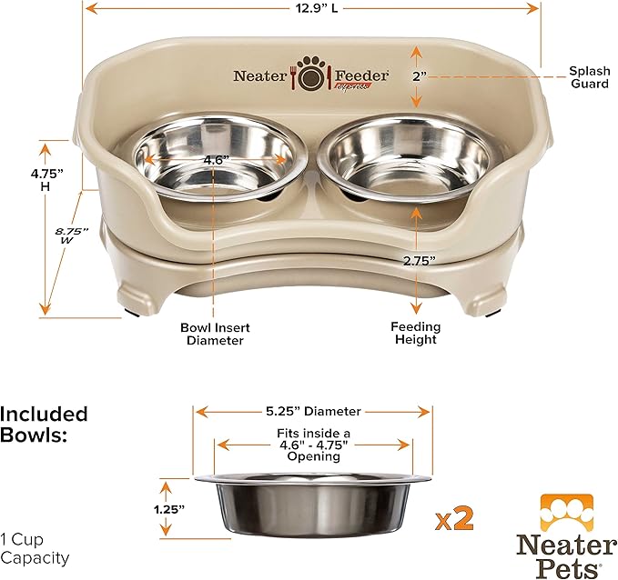 Neater Feeder - Express Model - Mess-Proof Cat Bowls (Cat, Almond) – Made in USA – Elevated, No Spill, Non-Tip, Non-Slip, Raised Stainless Steel Food & Water Pet Bowls