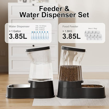 Automatic Pets Gravity Feeder and Water Dispenser Set with Stainless Steel Bowl, 1Gallon x 2 Stable Dog Food Feeder and Waterer for Small&Medium Dogs, Cats, Puppies(Black)