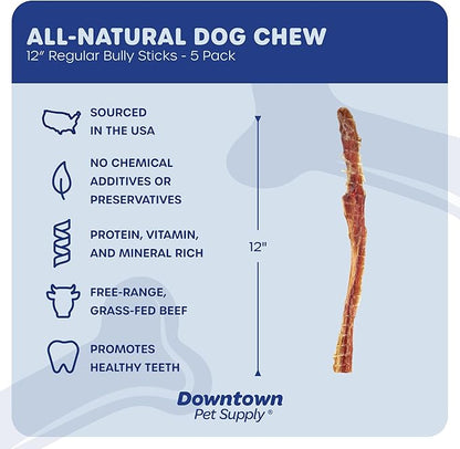 Downtown Pet Supply USA Sourced 12", 5 Pack Bully Sticks for Large Dogs, Regular - Rawhide Free Dog Chews Long Lasting and Non-Splintering - Single Ingredient, Low Odor Bully Sticks for Medium Dogs