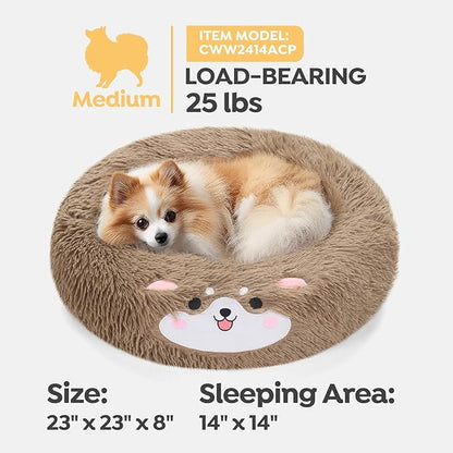 Veehoo Donut Calming Dog Beds for Small Medium Dogs-Round Cute Dog Bed Comfort Pet Bed 23" Camel