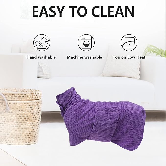 Geyecete Dog Bathrobe Towel Dog Drying Coat-Dry Fast Dog Bag-Pineapple Grid Fast Drying Super Absorbent Pet Dog Cat Bath Robe Towel-Purple-XS