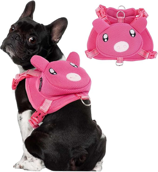 Dog Harness with Backpack No Pull Pet Harness Vest, Cute Pink Pig Dog Saddle Bag Adjustable Mesh Dog Carrier Backpacks for Hiking Training and Daily Walking, Dog Carriers for Small Medium Dogs