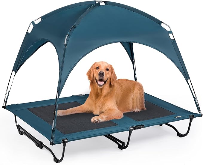 47 Inch Elevated Cooling Large Dog Bed with Removable Canopy, Raised Dog Beds for Large Dogs with Washable Breathable Mesh, Dog Cot for Big Dogs, Indoor/Outdoor Dog Bed with Canopy