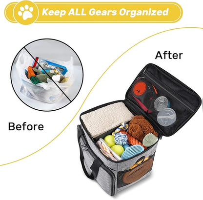 6 Set Dog Travel Bag, Large Pet Travel Kit for Supplies Includes 2 Food Containers, 1 Travel Organizer for Dogs, 2 Collapsible Bowls, 1 Treat Pouch, Dog Weekend Overnight Travel Bag Luggage