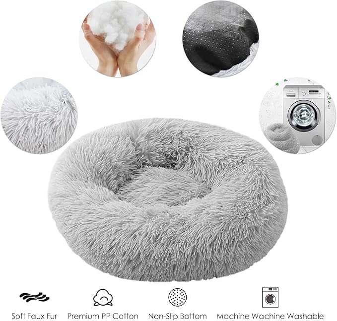 70cm Calming Dog Cat Bed, Plush Donut Pets Beds for Medium Dogs Cats, Soft Puppy Kitten Cuddler Round Bed Cushion, Washable Warm Dog Beds for Improved Sleeping