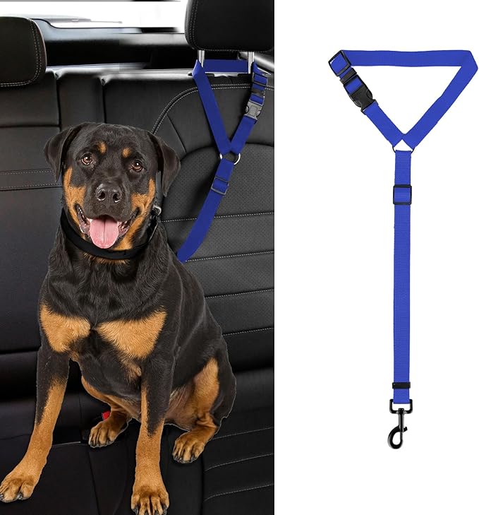 Dog Cat Safety Seat Belt Strap Car Headrest Restraint Adjustable Nylon Fabric Dog Restraints Vehicle Seatbelts Harness (Blue)