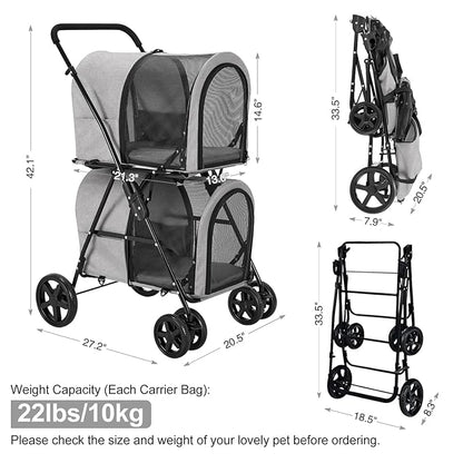 Double Pet Stroller for Dogs and Cats with 2 Detachable Carrier 4 Wheels,