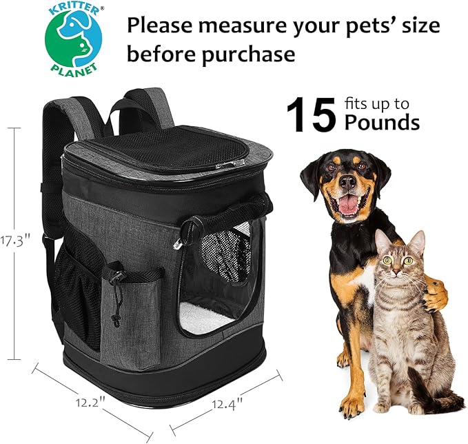 Kritter Planet Pet Carrier Backpack for Dogs and Cats, Breathable Pet Backpack with 2 Mesh Window,Portable Pet Carrier for Camping