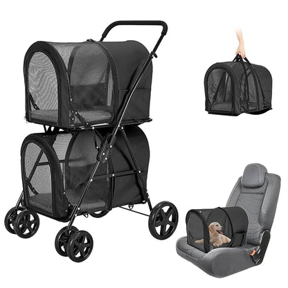 Double Pet Stroller for Dogs and Cats with 2 Detachable Carrier 4 Wheels,