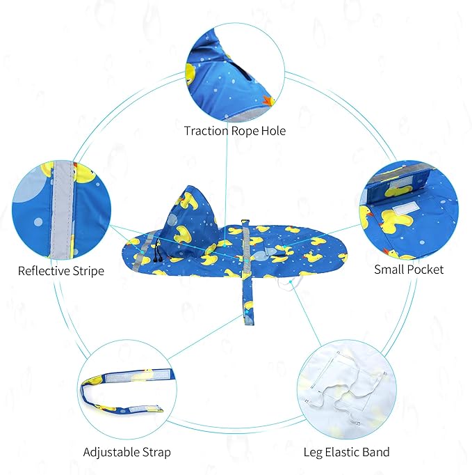 NACOCO Large Dog Raincoat Adjustable-Pet Rubber Ducks Yellow Water Proof Clothes Lightweight Rain Jacket Poncho Hoodies with Strip Reflective Blue (Blue L