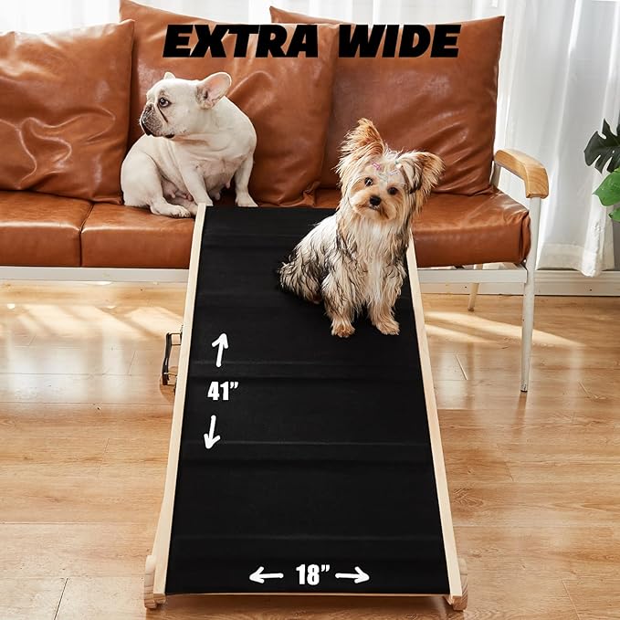 Woohoo Dog Ramp for Bed- 18" Extra Wide - Non-Slip Rubber Surface - Folding Wooden Pet Ramp for Bed and Couch - Dog Ramp for Large, Small, Old Dogs - Adjustable from 13" to 24" - Rated for 250LBS