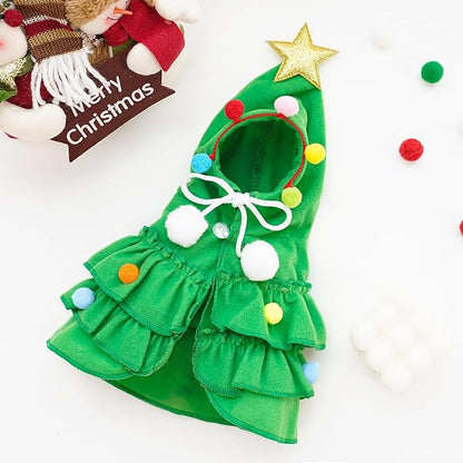 Cat Christmas Outfit Green Pet Cloak with Hat with Star and Pompoms Puppy Cape Clothes Xmas Tree Elf Costumes Party Pet Supplies Accessories for Small Dogs Cats Pet Santa Presents