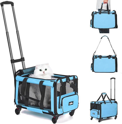 Airline Approved Pet Carrier with Wheels, Foldable Rolling Cat Dog Carrier with Wheels Telescopic Handle for Outdoor Vet Visits, Cat Carrier Travel Bag for Cat Dog Under 20 lbs, Blue