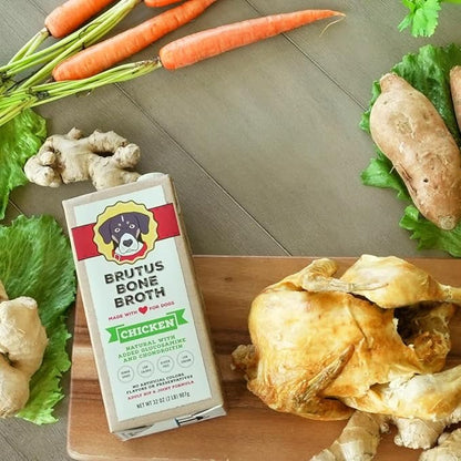 Brutus Chicken Broth for Dogs - All Natural Chicken Bone Broth for Dogs with Chondroitin Glucosamine Turmeric -Human Grade Dog Food Toppers for Picky Eaters & Dry Food -Tasty & Nutritious