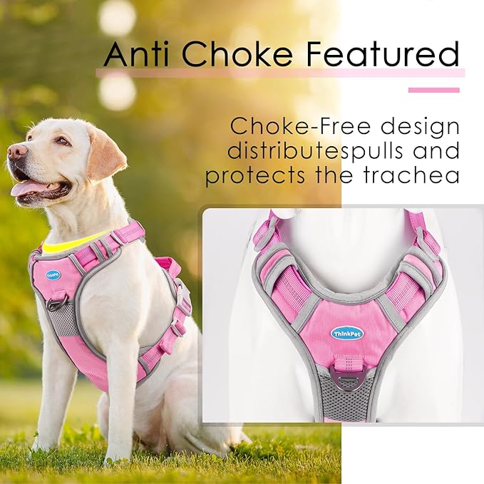 ThinkPet No Pull Harness Breathable Sport Harness with Handle-Dog Harnesses Reflective Adjustable for Medium Large Dogs,Back/Front Clip for Easy Control XL Pink