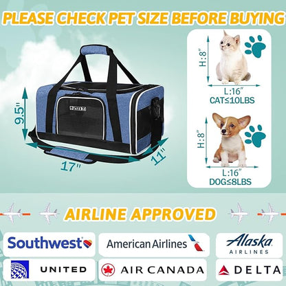 Petskd Pet Carrier 17x11x9.5 Alaska Airline Approved,Pet Travel Carrier Bag for Small Cats and Dogs, Soft Dog Carrier for 1-10 LBS Pets,Dog Cat Carrier with Safety Lock Zipper(Blue)