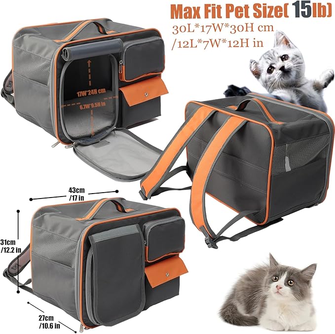 Pets Backpack Small Dog Carrier Airline Approved Soft-Sided Cat Puppy Bag with Washable Fleece Mats 3 Pockets,for Kitties/Pups/Bunny Rabbits Travel Outdoor