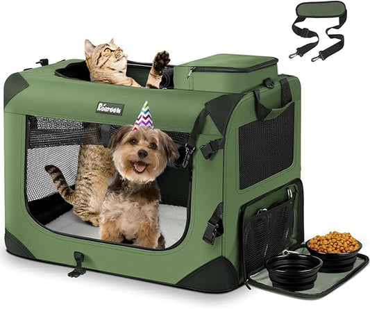 Large Cat Carrier 24"x17"x17", Soft Dog Crate with 2 Bowls, Collapsible Travel Pet Carrier Bag for Cats Dogs Puppies Kittens (Green)