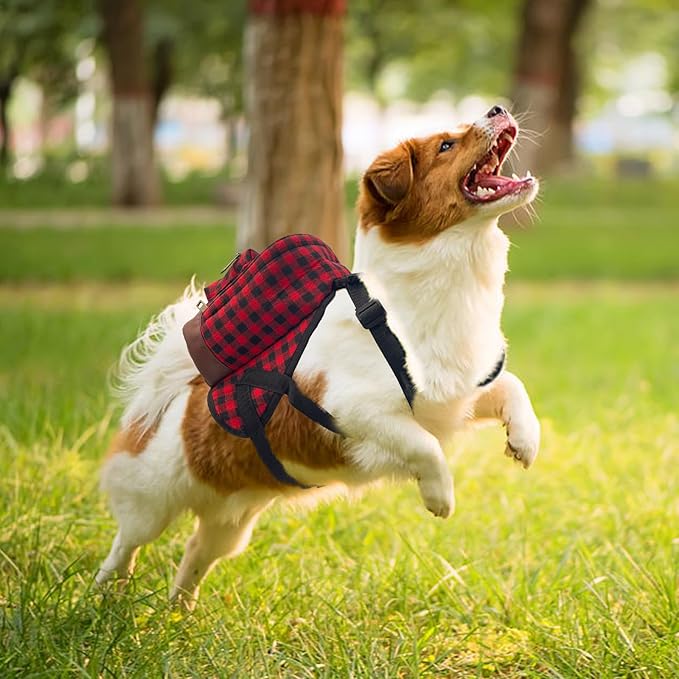 Lapewit Dog Backpack Cute Backpack for Dogs, Built-in Dog Poop Bag Dispenser, Buffalo Plaid & Pu Leather Design Dog Pack for Hiking Training and Daily Walking, Fit Puppy and Small Dogs