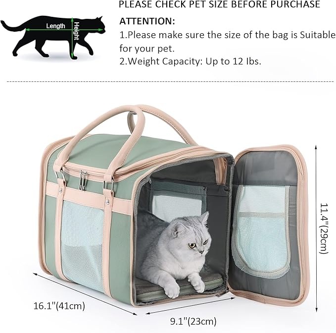 Cat and Dog Tote Bag for Medium Sized Cats up to 15 LBS, Foldable, Most TSA Airline Approved Carrier Soft Sided，Tote/Shoulder Pack,Cute cat Carrier——Avocado Green