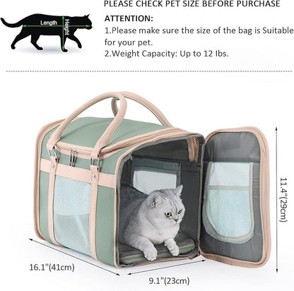 Cat and Dog Tote Bag for Medium Sized Cats up to 15 LBS, Foldable, Most TSA Airline Approved Carrier Soft Sided，Tote/Shoulder Pack,Cute cat Carrier——Avocado Green