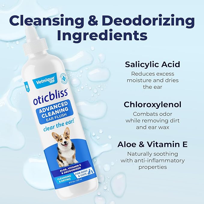 Vetnique Labs Oticbliss Ear Cleaner Wipes/Flushes for Dogs & Cats with Odor Control and Itch Relief Reduces Head Shaking
